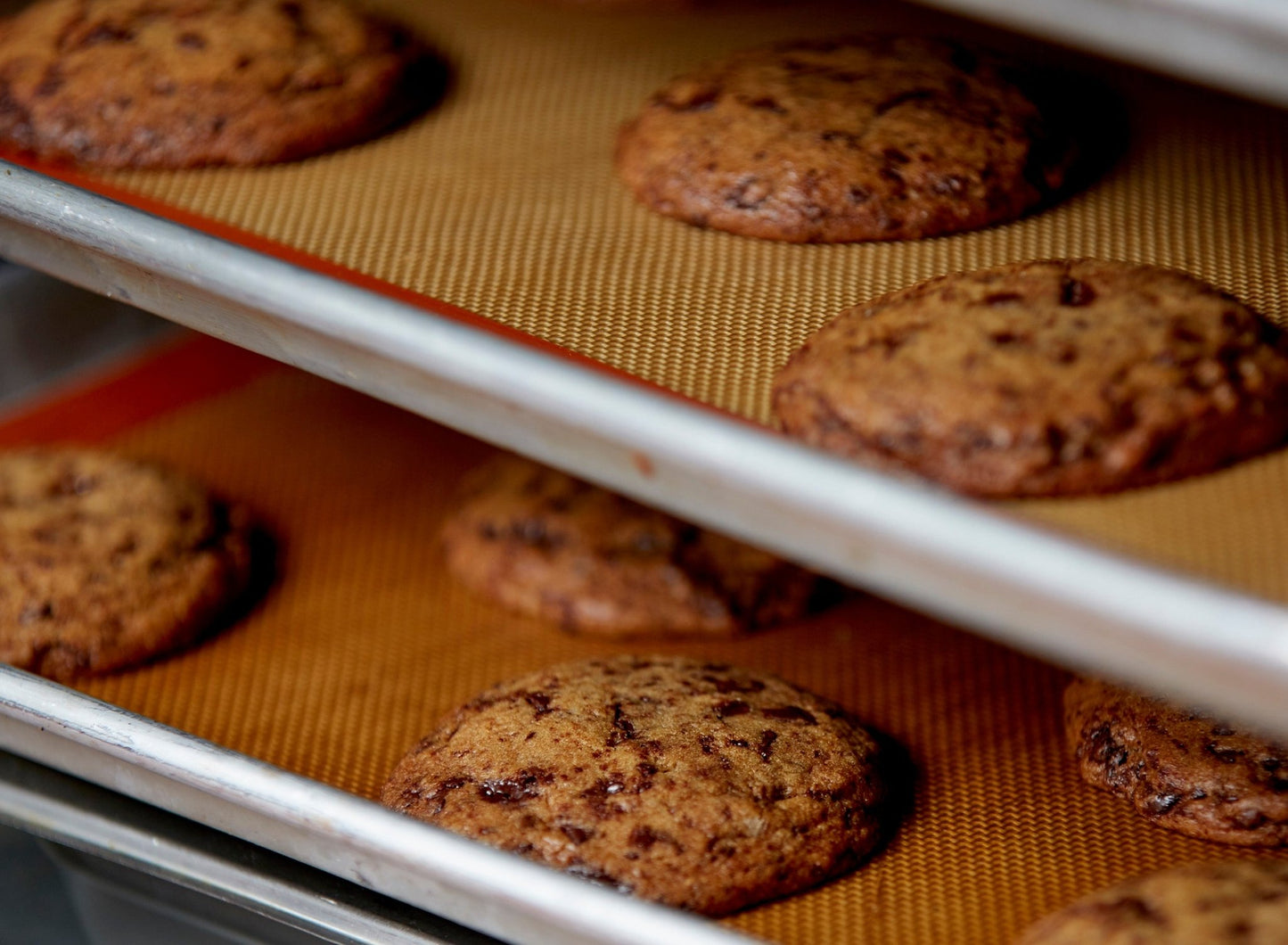 
                  
                    Close up of 2 trays of freshly backed chocolate chip cookies cooling on a speed rack
                  
                
