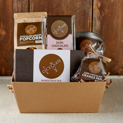 A gift tray full of chocolate treats