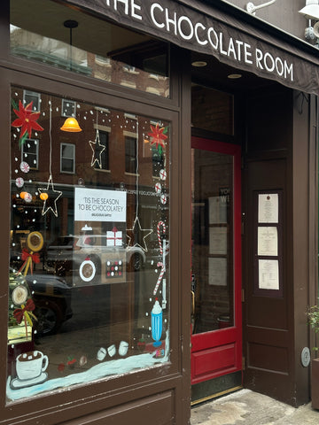 The Chocolate Room storefront with festive decoration