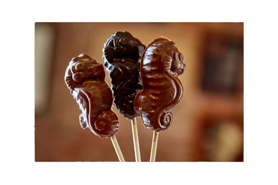 3 chocolate pops in the shape of a seahorse, blurred background of framed pictures on shop brick wall